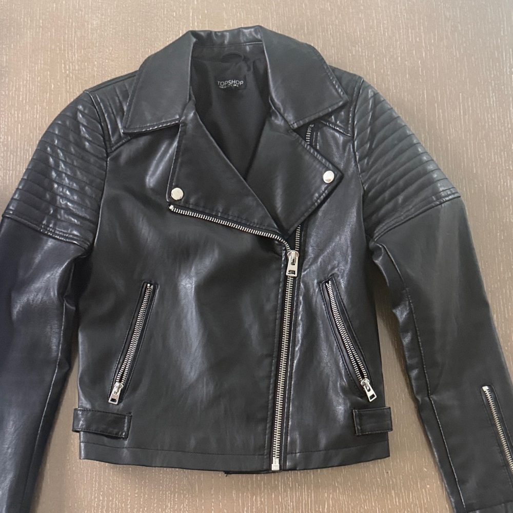 Topshop Black Quilted-Shoulder Faux Leather Moto Jacket